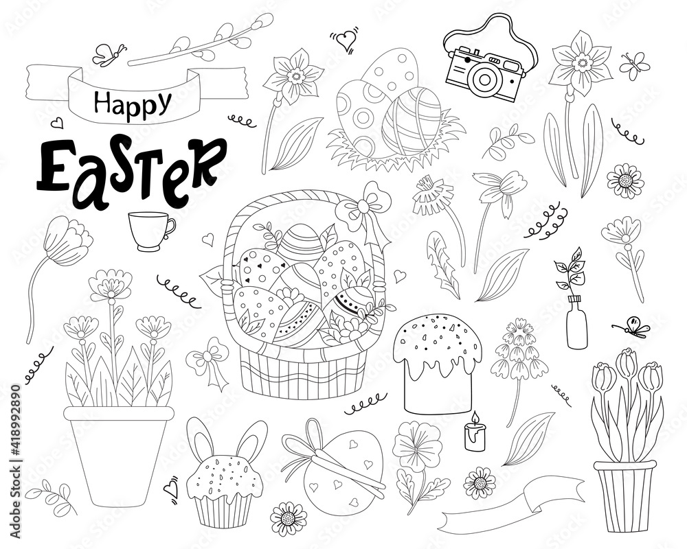 Set of Easter doodles - basket with eggs, cupcake, Easter cakes, Easter bunny, flowers and leaves, pussy willow and tulips, dandelion and daffodil. Vector. line. decor for Easter design