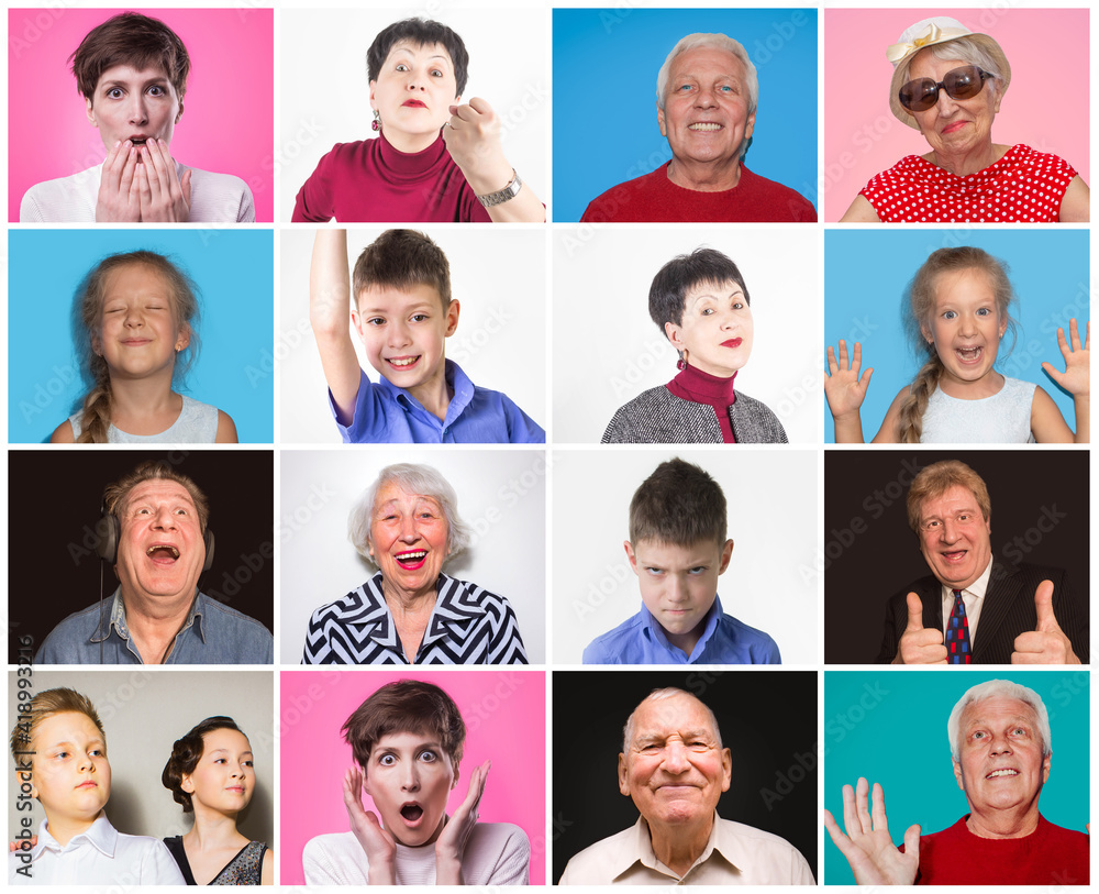 Diverse people with different emotions. Collage of diverse multi-ethnic and mixed age range people expressing different emotions Diverse people with different emotions. Collage of diverse multi-ethnic and mixed age range people expressing different emotions