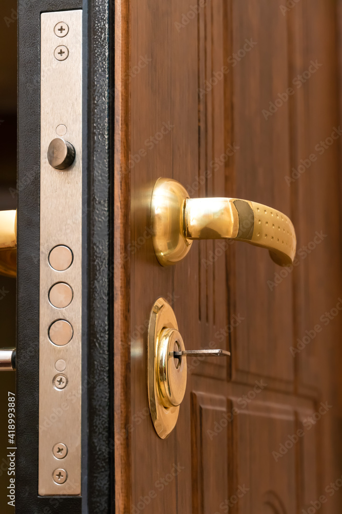 Obraz premium Close-up of the golden handle, the lock with the key of the beautiful brown front door. Vertical photo