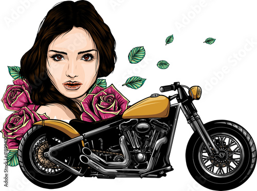 vector head girl with roses and motorcycle