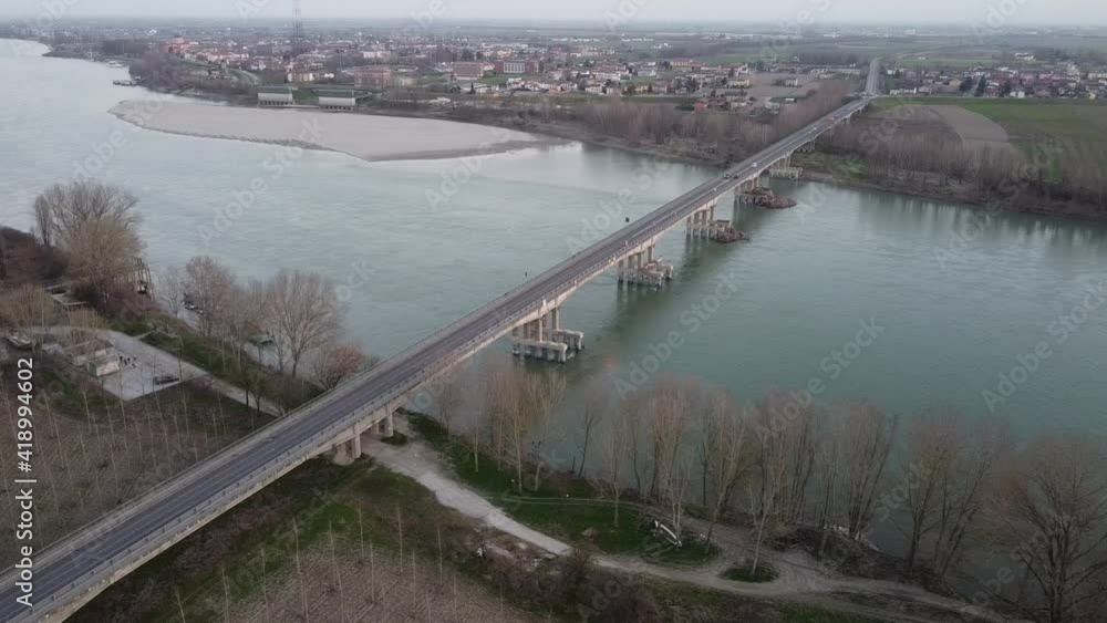 aerial view of the viadana Boretto bridge over the po river, italy aerial view of the viadana Boretto bridge over the po river, italy