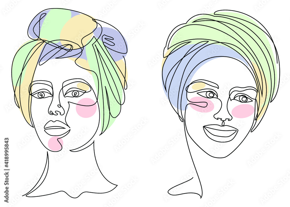 Collection. Silhouettes of the girl's head. Lady in a turban, scarf. Woman face in modern one line style. Solid line, contour for decor, posters, stickers, logo. Vector illustration set.