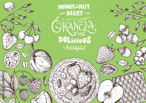 Granola ingredients illustration. Oat flakes , berries, fruits and nuts hand drawn sketch. Breakfast top view frame. Morning food menu design. Hand drawn vector illustration.