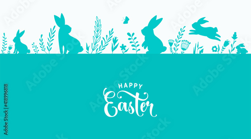 Easter border design vector illustration. Holiday pattern with blue bunnies, flowers, plants, butterfly silhouettes isolated on white background. Text greeting sign. Simple flat style