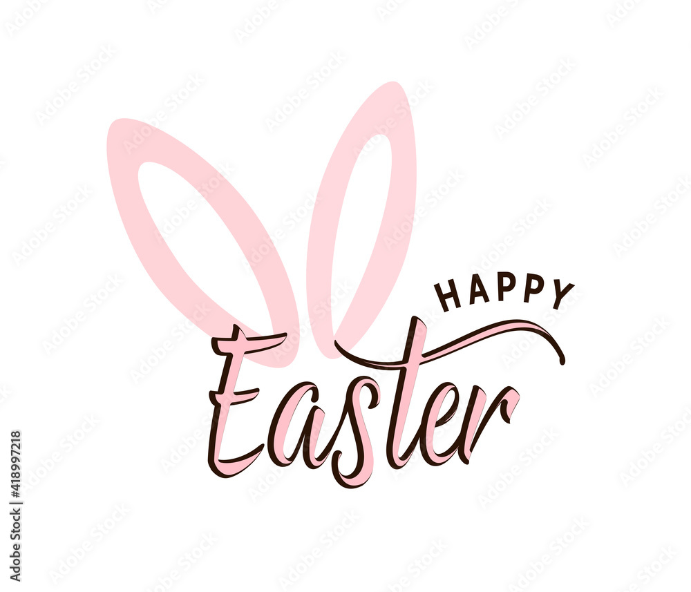 Happy Easter typography text vector illustration with cute pink bunny ears. Spring celebration greeting background