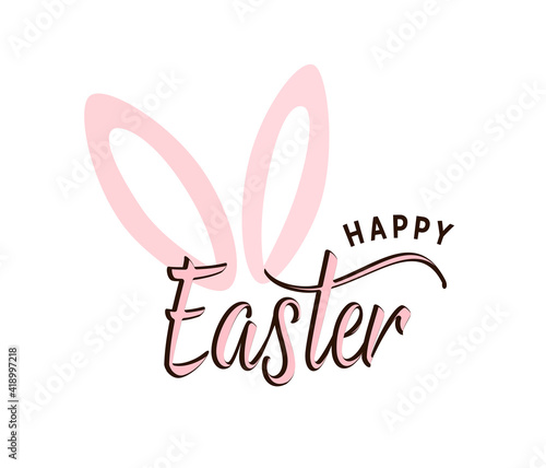 Happy Easter typography text vector illustration with cute pink bunny ears. Spring celebration greeting background