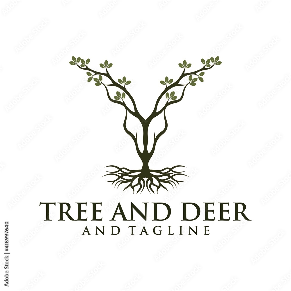 Fototapeta premium Deer Tree Leaves Forest Logo Vector icon, Deer leaf antlers logo design.