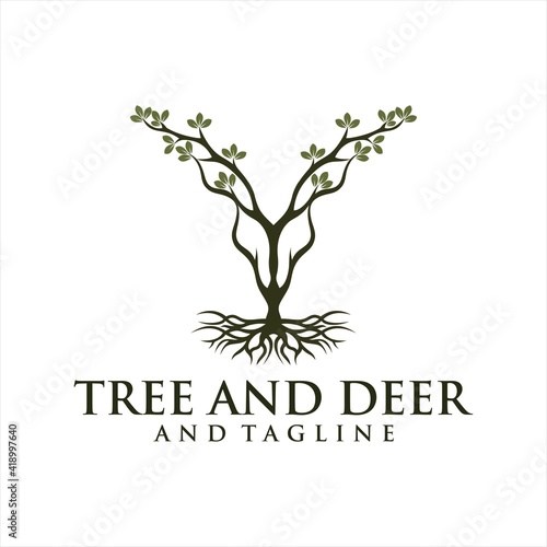 Deer Tree Leaves Forest Logo Vector icon  Deer leaf antlers logo design.
