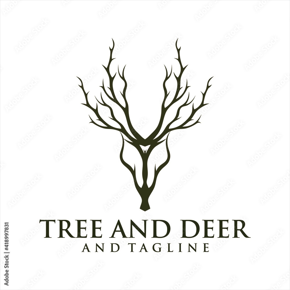 Deer Tree Leaves Forest Logo Vector icon, Deer leaf antlers logo design.