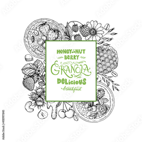 Granola sketch illustration. Breakfast label. Oat flakes , berries, fruits and nuts. Breakfast top view frame. Morning food menu design. Hand drawn sketch vector illustration.