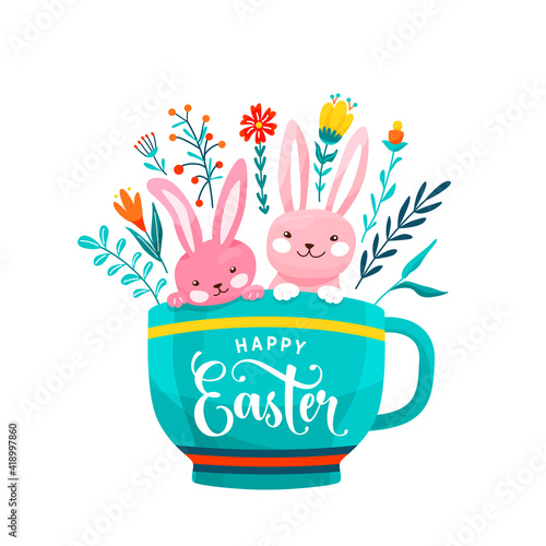 Happy easter greeting vector illustration. Two funny easter bunnies sit in the cup surrounded flowers, leaves and floral elements isolated on white background