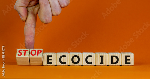 Stop ecocide symbol. Businessman turns wooden cubes and changes words ecocide to stop ecocide. Beautiful orange background, copy space. Business, ecological and stop ecocide concept. photo