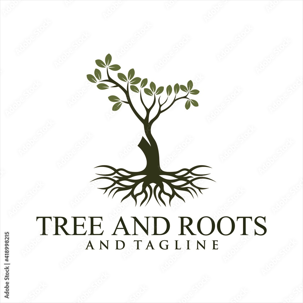Obraz premium Oak tree logo illustration. Vector silhouette of a tree, Root Of The Tree logo illustration. Vector silhouette of a tree.