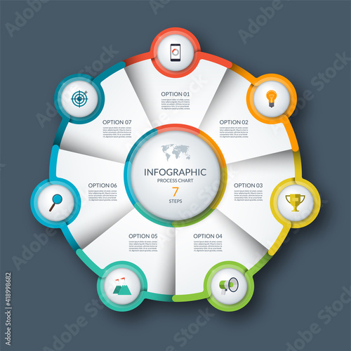 Infographic circle, process chart, cycle diagram. 7 steps. Vector template for business presentation, report, brochure.