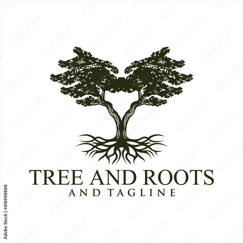 Obraz premium Oak tree logo illustration. Vector silhouette of a tree, Root Of The Tree logo illustration. Vector silhouette of a tree.