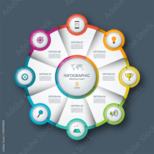 Infographic circle, process chart, cycle diagram. 8 steps. Vector template for business presentation, report, brochure.
