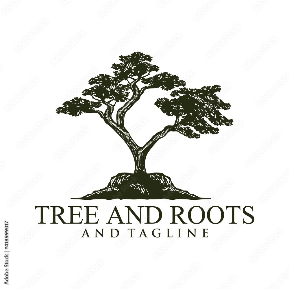 Obraz premium Oak tree logo illustration. Vector silhouette of a tree, Root Of The Tree logo illustration. Vector silhouette of a tree.
