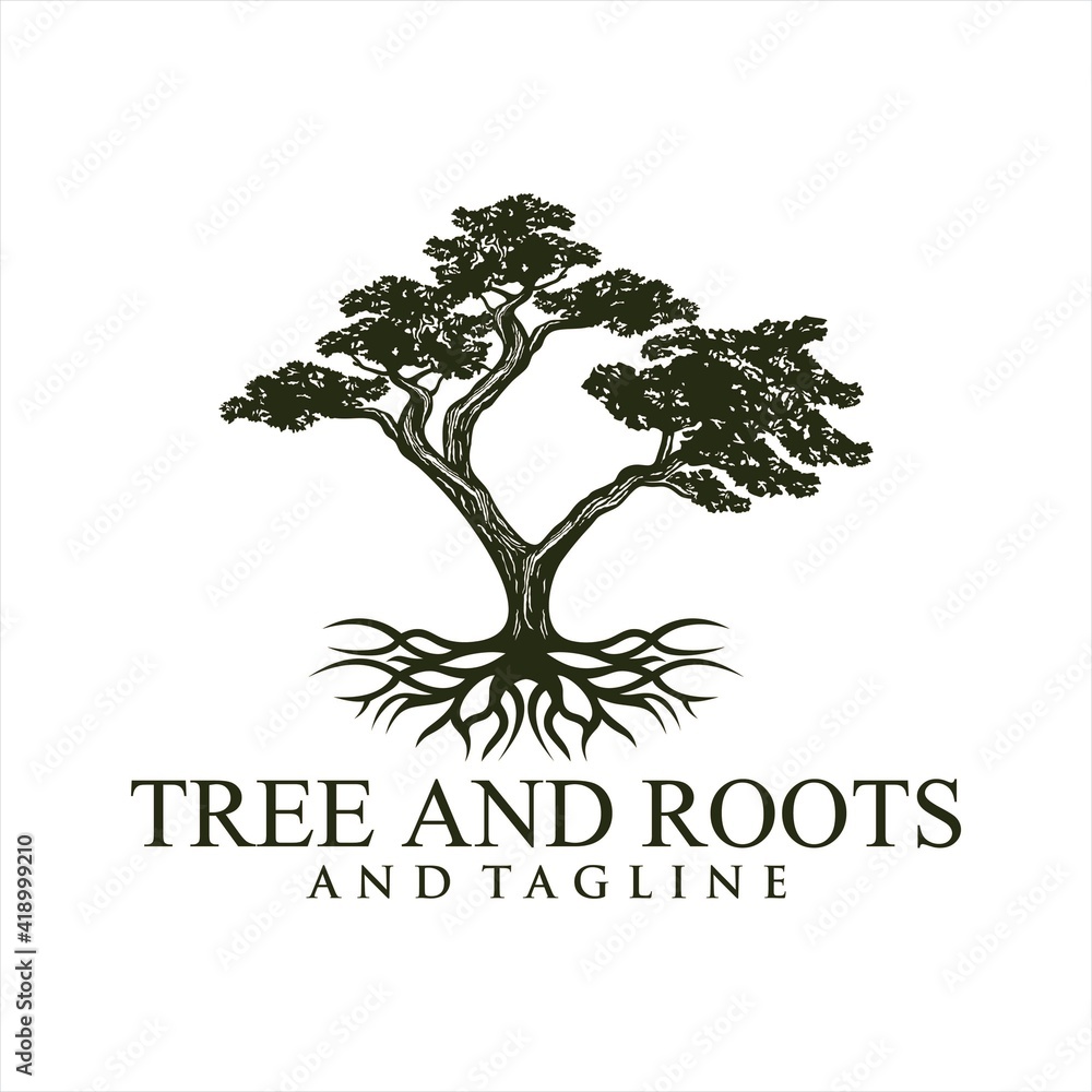 Obraz premium Oak tree logo illustration. Vector silhouette of a tree, Root Of The Tree logo illustration. Vector silhouette of a tree.