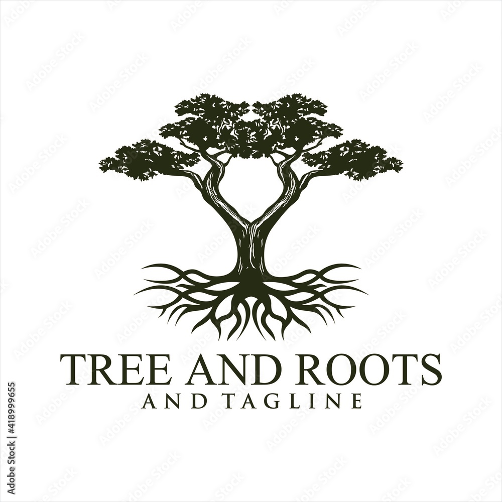 Oak tree logo illustration. Vector silhouette of a tree, Root Of The Tree logo illustration. Vector silhouette of a tree.