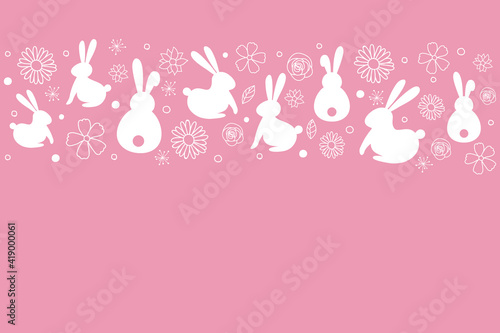 Easter background with bunnies and flowers. Vector