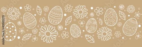 Template of Easter header with eggs and flowers. Vector