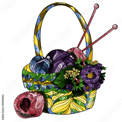 Patterned basket for needlework decorated with a bouquet of flowers, drawn in the style of tangles and doodles. Ball of yarn and knitting needles with decorative ornament