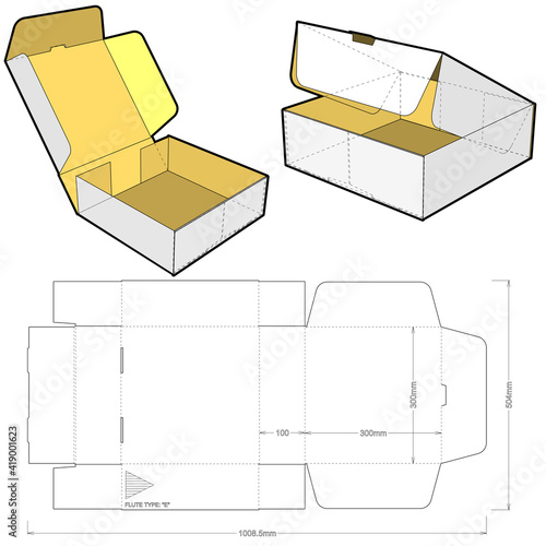 Self-assembling Folding Box. Ease of assembly, no need for glue (Internal measurement 30x30x10cm). The .eps file is full scale and fully functional. Prepared for real cardboard production.
