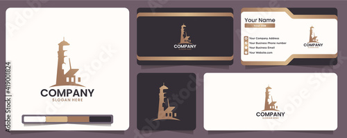 lighthouse logo , beacon ,navigation ,gold color, logo design with business card and banner