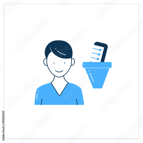 Information filtering system flat icon. Filtering information, searching for truthful info.Information overload concept. Vector illustration