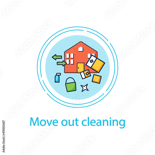 Move out cleaning concept line icon. Change residence. Moving to another house. Sweeping, wiping. Cleaning services concept. Vector isolated conception metaphor illustration