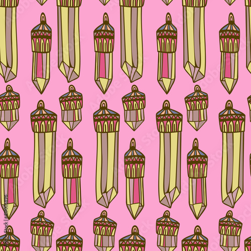 Vector colorful seamless pattern of lined alchemic bottles  tubes and grails
