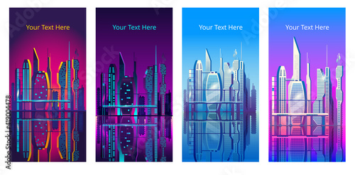 A set of images of a futuristic city at different times of the day. Vector illustration in neon colors. A set of vector vertical banners.