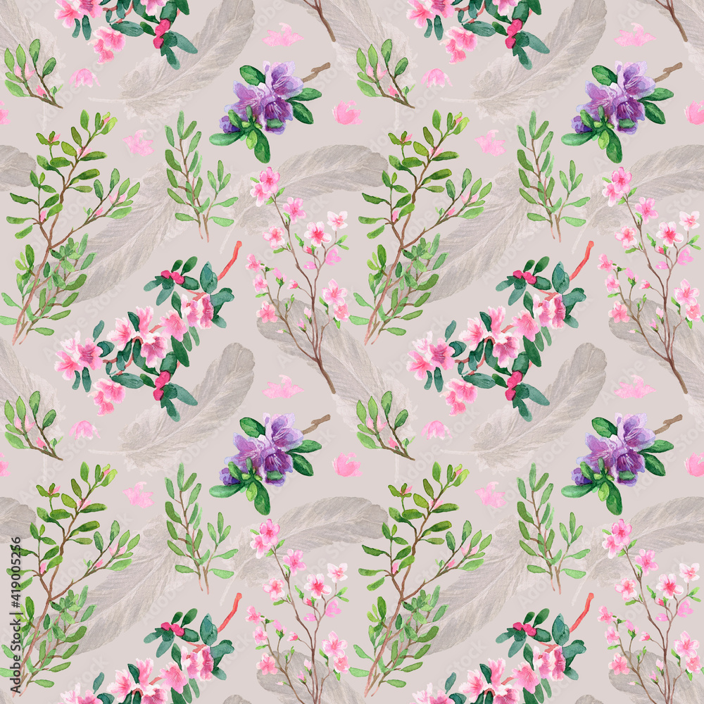 Delicate pattern with rhododendron flowers and feathers. On a beige background.