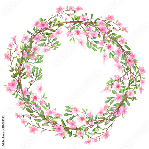 Round frame made of pink flowers. Watercolour. The images are hand-drawn and isolated on a white background.