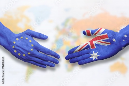 Australia and European Union - Flag handshake symbolizing partnership and cooperation
