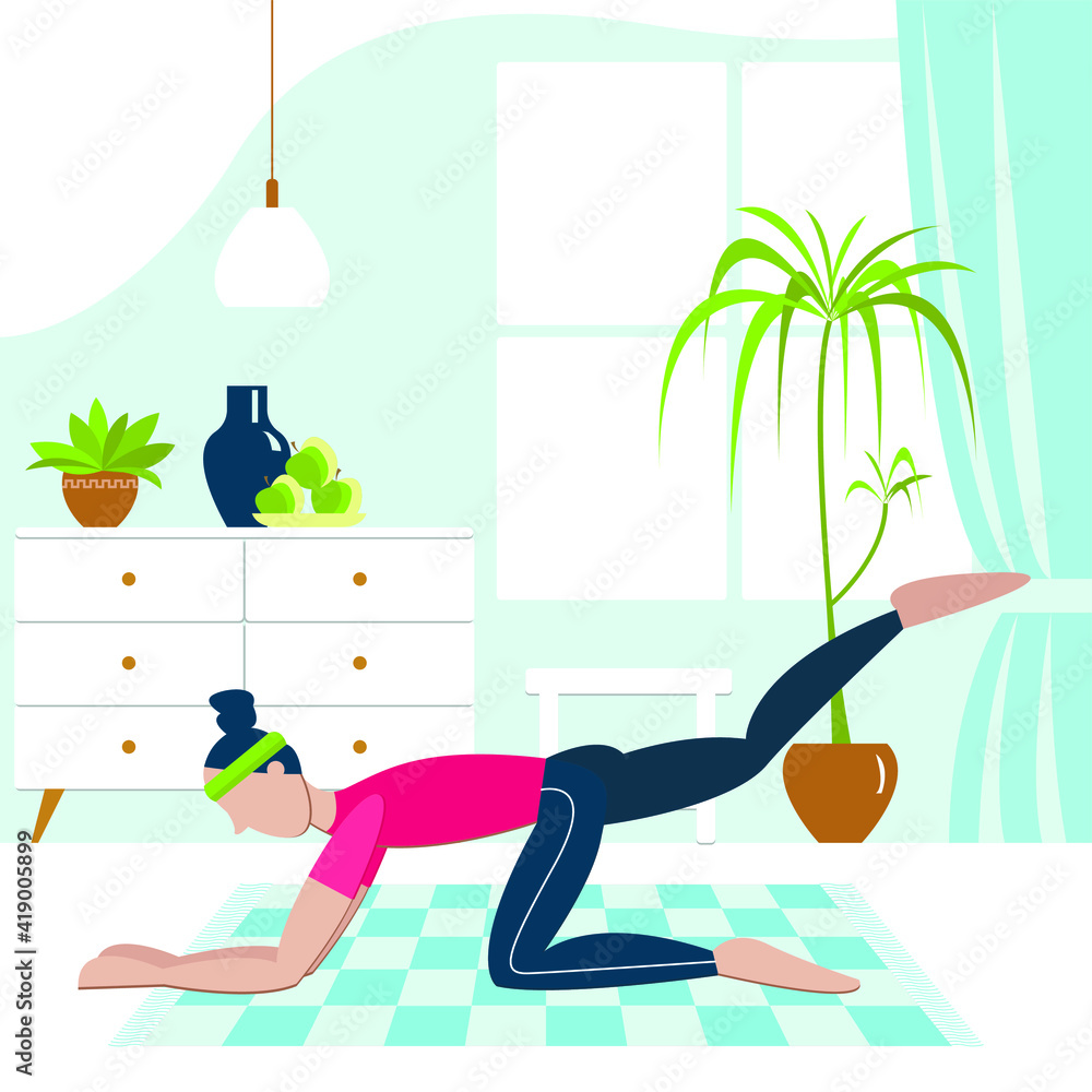 Vector illustration - a pretty young woman in a shirt and leggings performs physical exercise while doing fitness at home in the room on a mat. Concept - stay at home and live a healthy lifestyle