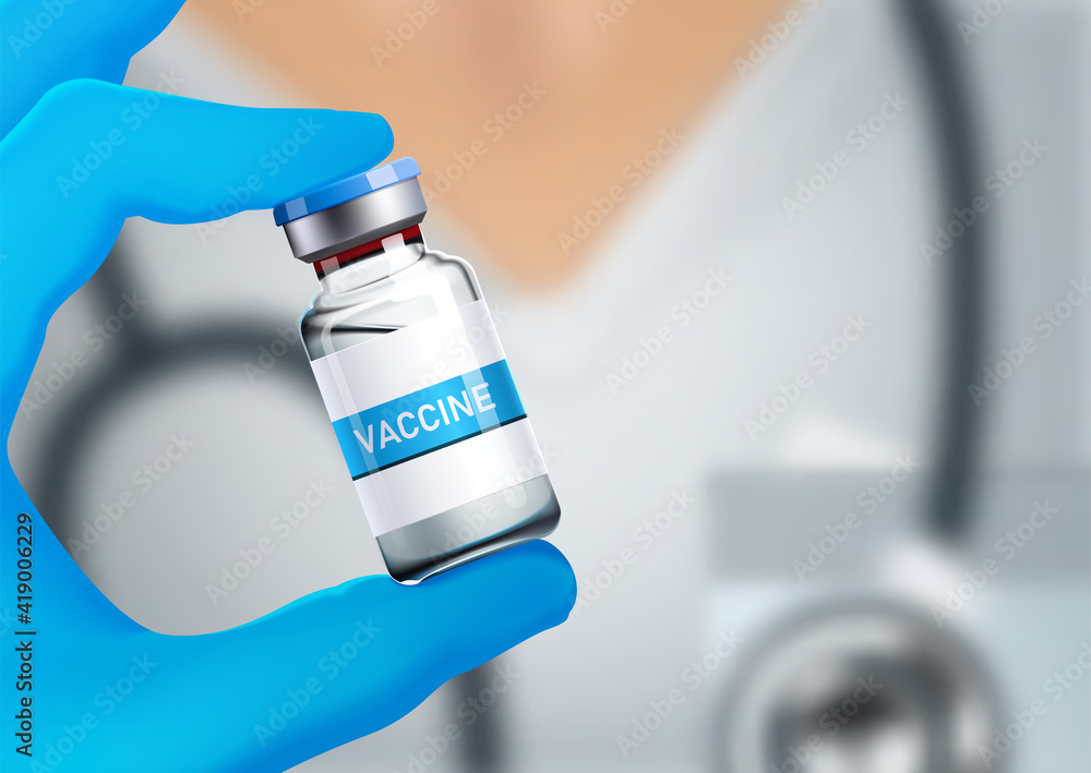 Female doctor in a white medical gown with a stethoscope on shoulder holding a bottle with a vaccine in his hand in a blue glove. Concept of corona virus treatment, diseases, medical care, science. Female doctor in a white medical gown with a stethoscope on shoulder holding a bottle with a vaccine in his hand in a blue glove. Concept of corona virus treatment, diseases, medical care, science.