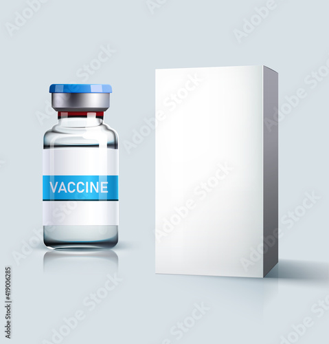 Realistic glass ampoule with Vaccine and white box isolated on a gray background. Vaccination and immunization concept