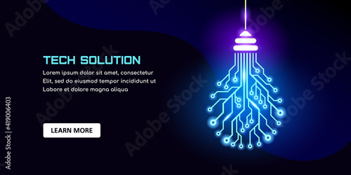 Printed circuit board light bulb. Tech solution concept banner. Technology template design with place for text