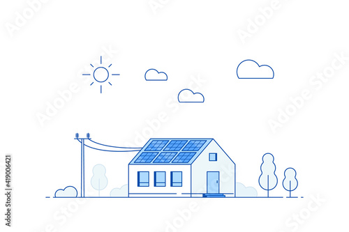Modern House with Solar Panels on the Roof. Eco House, Energy Effective House, Green Energy concept banner design. Flat style vector illustration.