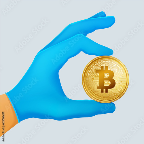Hand in a blue disposable Nitrile Glove holding realistic virtual big golden bitcoin coin.