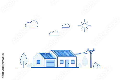 Modern House with Solar Panels on the Roof. Eco House, Energy Effective House, Green Energy concept banner design. Flat style vector illustration.