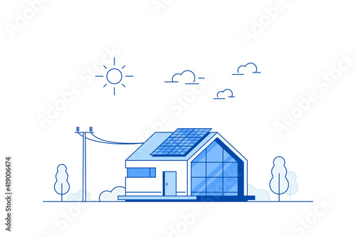 Modern House with Solar Panels on the Roof. Eco House, Energy Effective House, Green Energy concept banner design. Flat style vector illustration.
