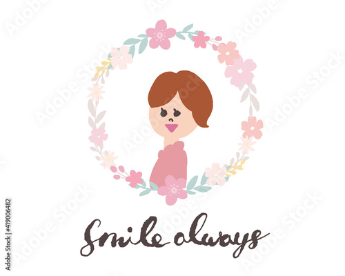 可愛らしい女性と花束アーチのイラスト　母の日　女性　ブーケ　Illustration of a pretty woman and a bouquet arch Mother's Day Women's Bouquet
