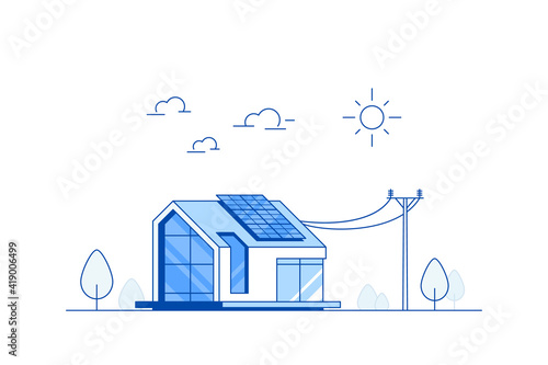 Modern House with Solar Panels on the Roof. Eco House, Energy Effective House, Green Energy concept banner design. Flat style vector illustration.