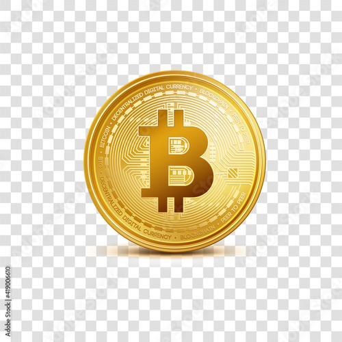 Realistic virtual golden bitcoin coin. Crypto currency golden coin bitcoin symbol isolated on transparent background.
