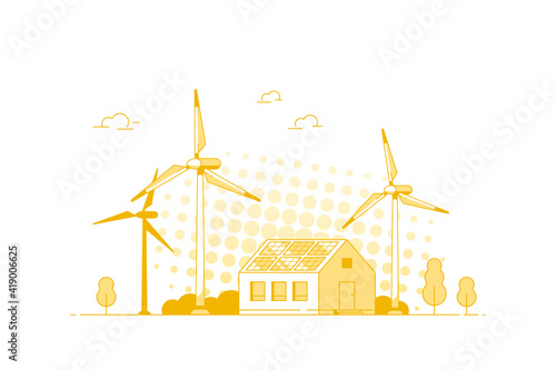 Landscape with Modern House, Solar Panels and Wind Turbines. Eco House, Energy Effective House, Green Energy concept banner design. Flat style vector illustration.