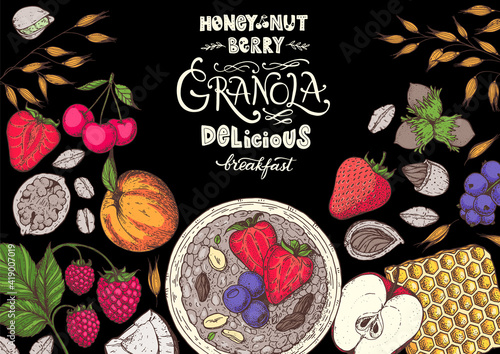 Granola illustration. Oat flakes , berries, fruits and nuts. Breakfast top view frame. Morning food menu design. Hand drawn vector illustration.