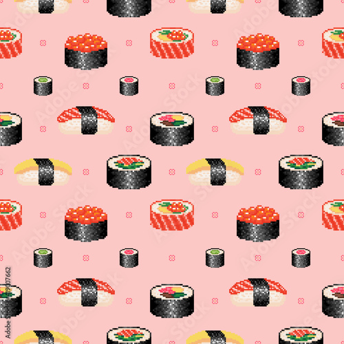 Pixel art sushi seamless pattern. Pixel japanese cuisine retro background. 8 bit cute seamless pattern with sushi, maki and rolls. Retro gaming Pixel sushi and other Japanese food ornament. Vector.
