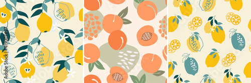 A set of artistic seamless patterns with abstract fruits. flowers, shapes, leaves, lemons and pears, peaches of yellow and blue colors. Vector illustration.